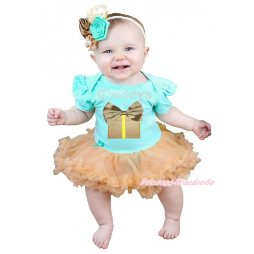 Aqua Blue Baby Bodysuit Goldenrod Pettiskirt & Sparkle Rhinestone Daddy's Goldenrod Bow Gift Box Print JS4978
